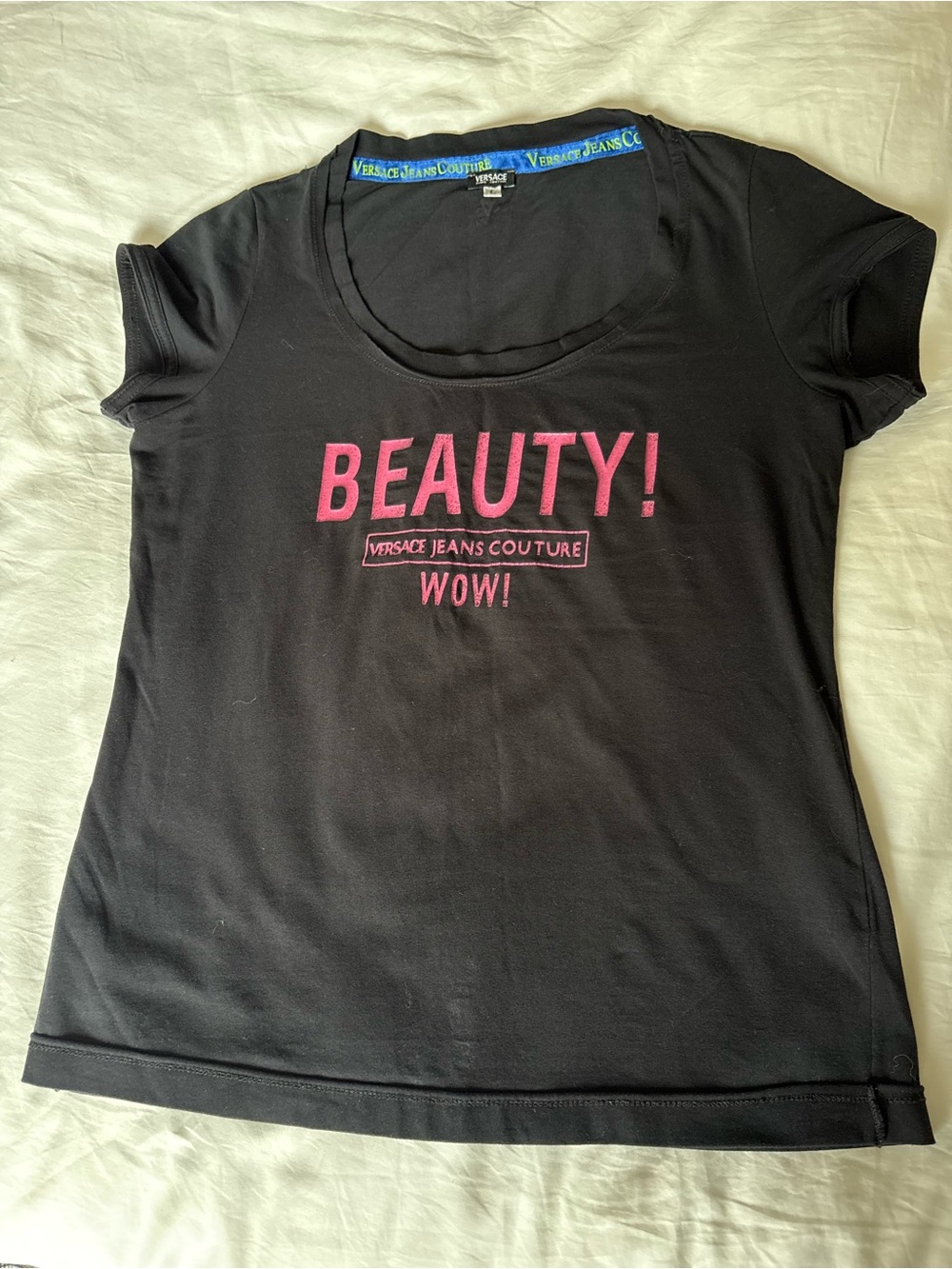 Versace vintage Black Short-Sleeve Tee with Pink 'BEAUTY!' Logo